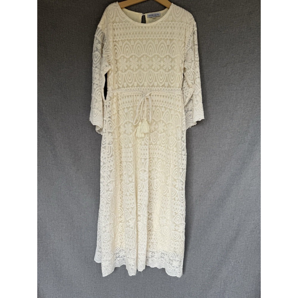 INDIE BLUE Sz 10-12 Crochet Knit Midi Dress Boho Lace Tassel Hippie‎ Ivory Cream
